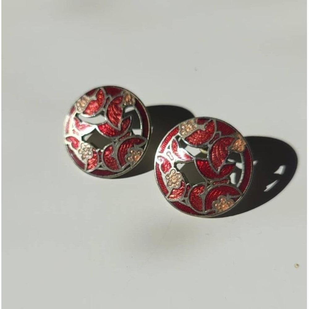 Vintage Round Enamel Floral Earrings Red Gold Tones Silver Tone Post Back
